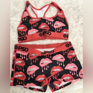 PSD Coral & Black Lip Print Sports Bra and Boyshort Set